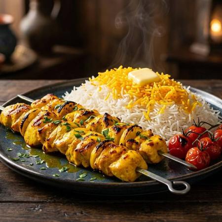 چلو جوجه کباب سینه زعفرانی